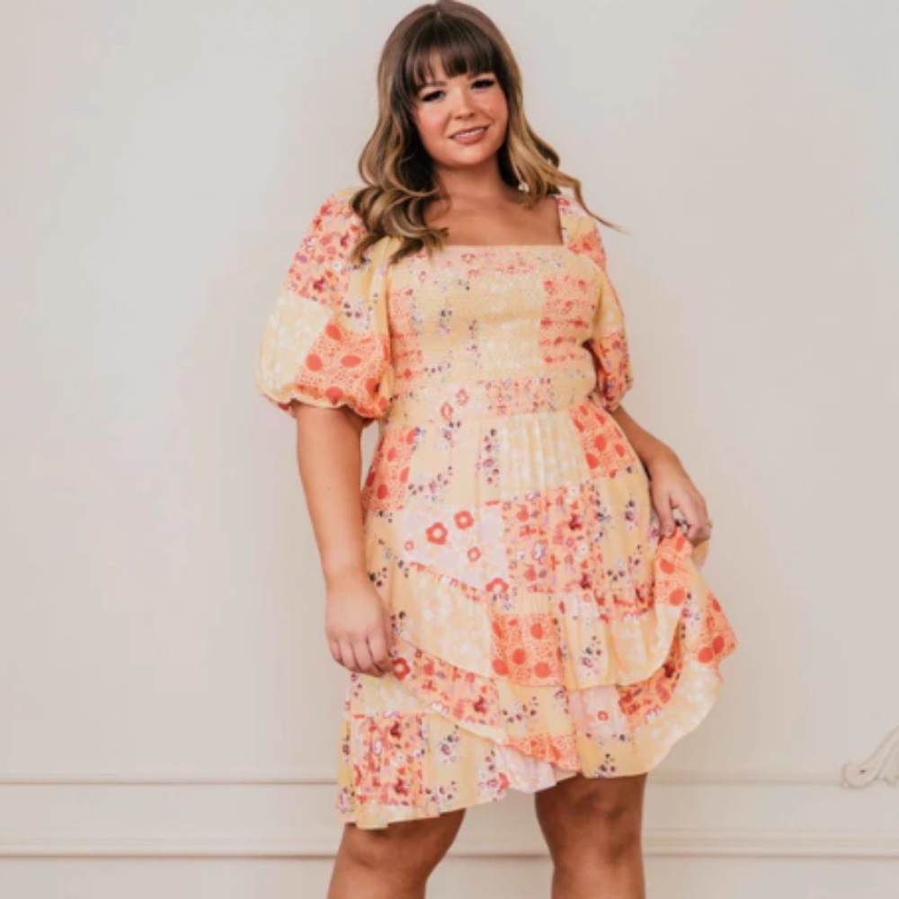 JessaKae Orange and Yellow Patchwork Floral Dress